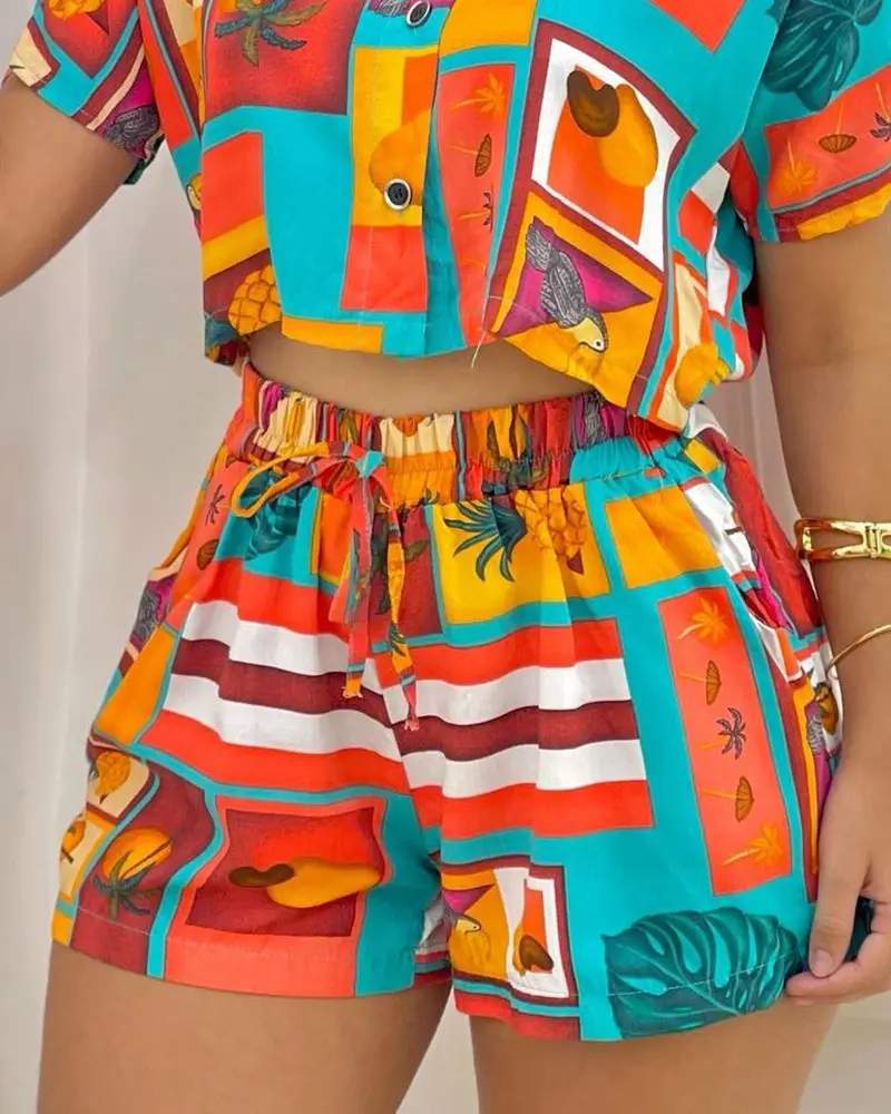ALL OVER PRINT SHORT SLEEVE TOP DRAWSTRING SHORTS SET - Missyess