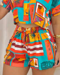 ALL OVER PRINT SHORT SLEEVE TOP DRAWSTRING SHORTS SET - Missyess