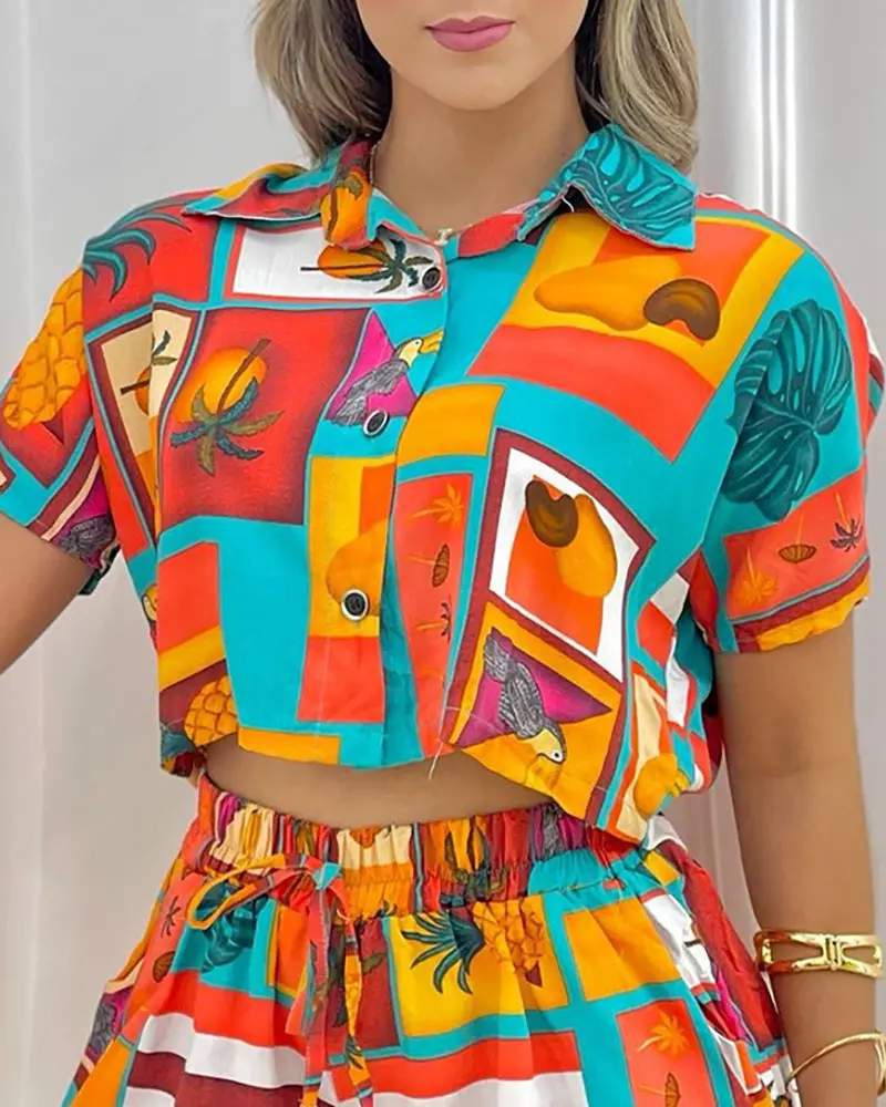 ALL OVER PRINT SHORT SLEEVE TOP DRAWSTRING SHORTS SET - Missyess