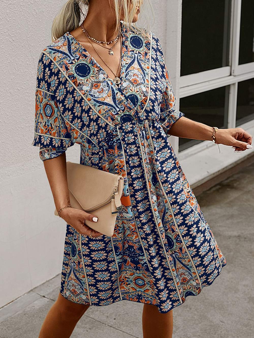 ALL OVER PRINT WRAP NECK TIE BACK DRESS - Missyess