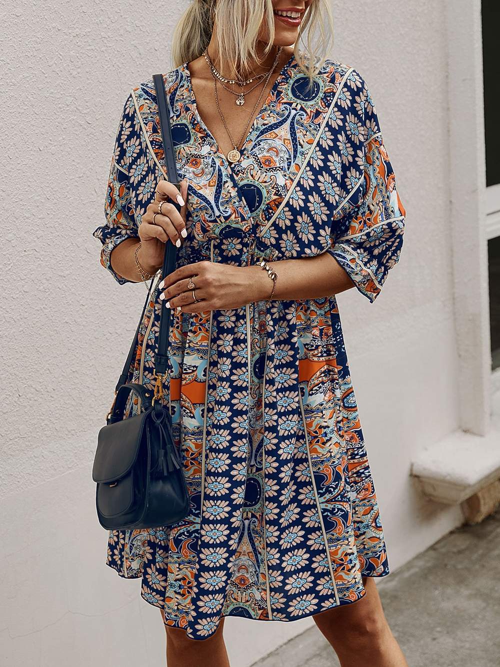 ALL OVER PRINT WRAP NECK TIE BACK DRESS - Missyess