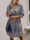ALL OVER PRINT WRAP NECK TIE BACK DRESS - Missyess