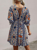 ALL OVER PRINT WRAP NECK TIE BACK DRESS - Missyess