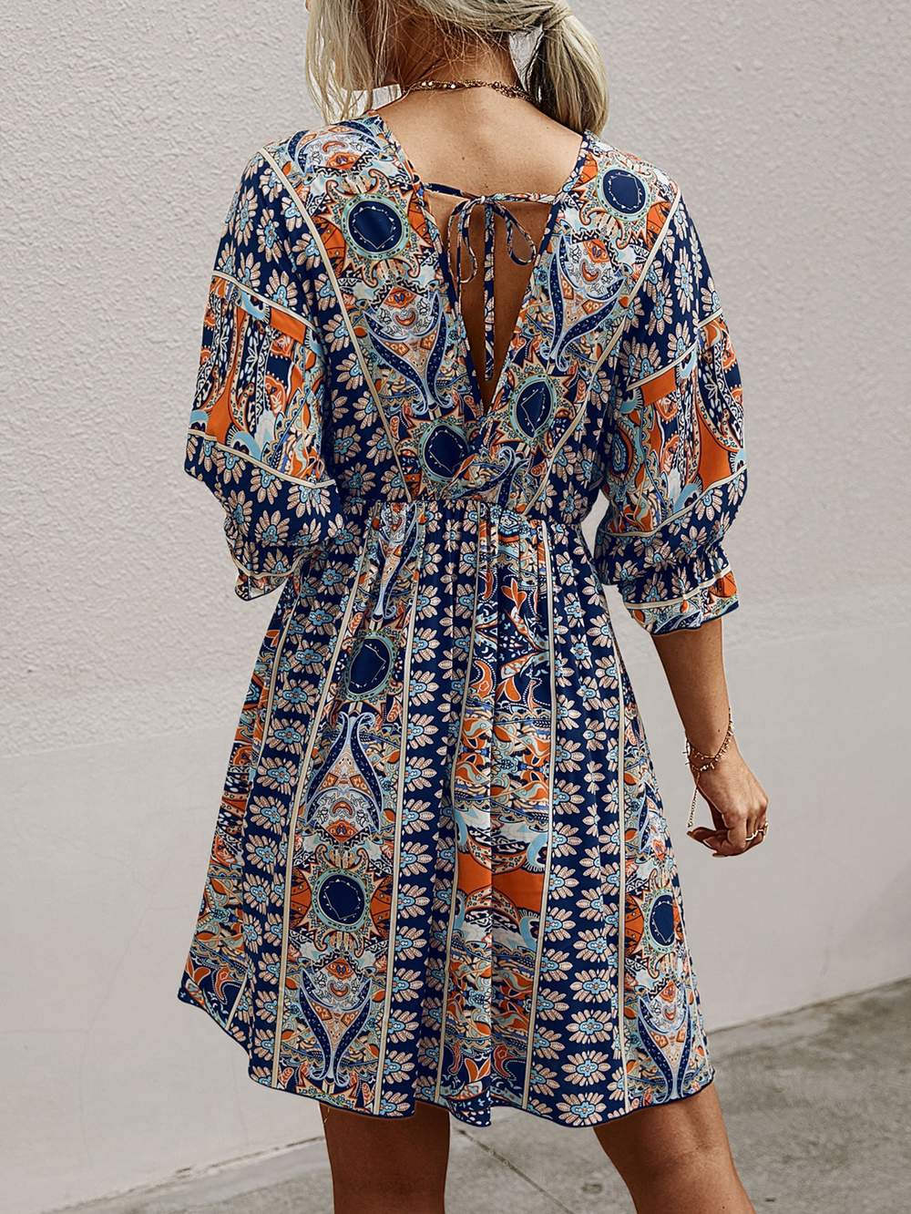 ALL OVER PRINT WRAP NECK TIE BACK DRESS - Missyess