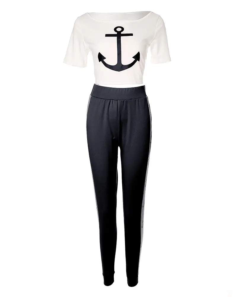ANCHOR PRINT SHORT SLEEVE TOP HIGH WAIST PANTS SET - Missyess