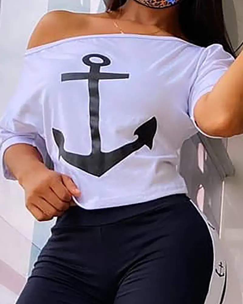 ANCHOR PRINT SHORT SLEEVE TOP HIGH WAIST PANTS SET - Missyess