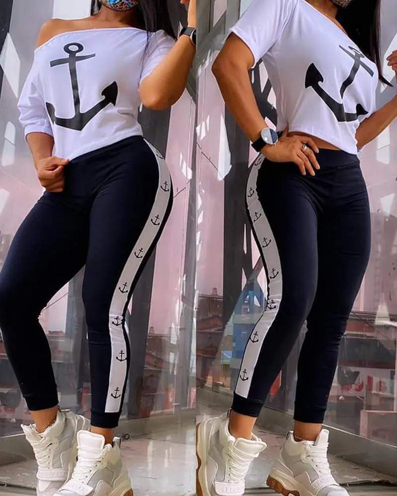 ANCHOR PRINT SHORT SLEEVE TOP HIGH WAIST PANTS SET - Missyess