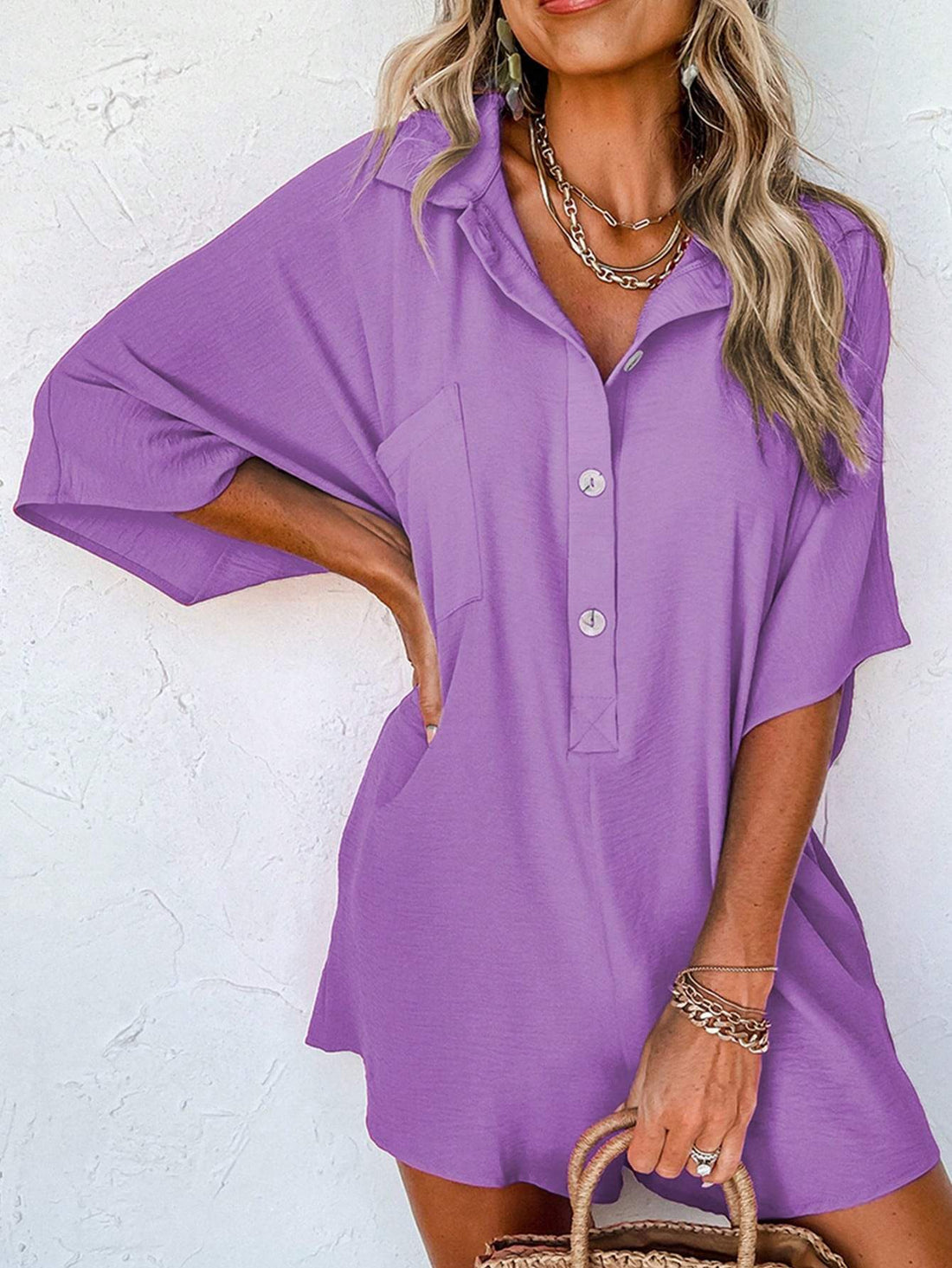 ASTYLISH WOMEN S PLAIN HALF SLEEVE BUTTON COLLARED LOOSE OVERSIZED SHORTS ROMPER WITH POCKET - Missyess