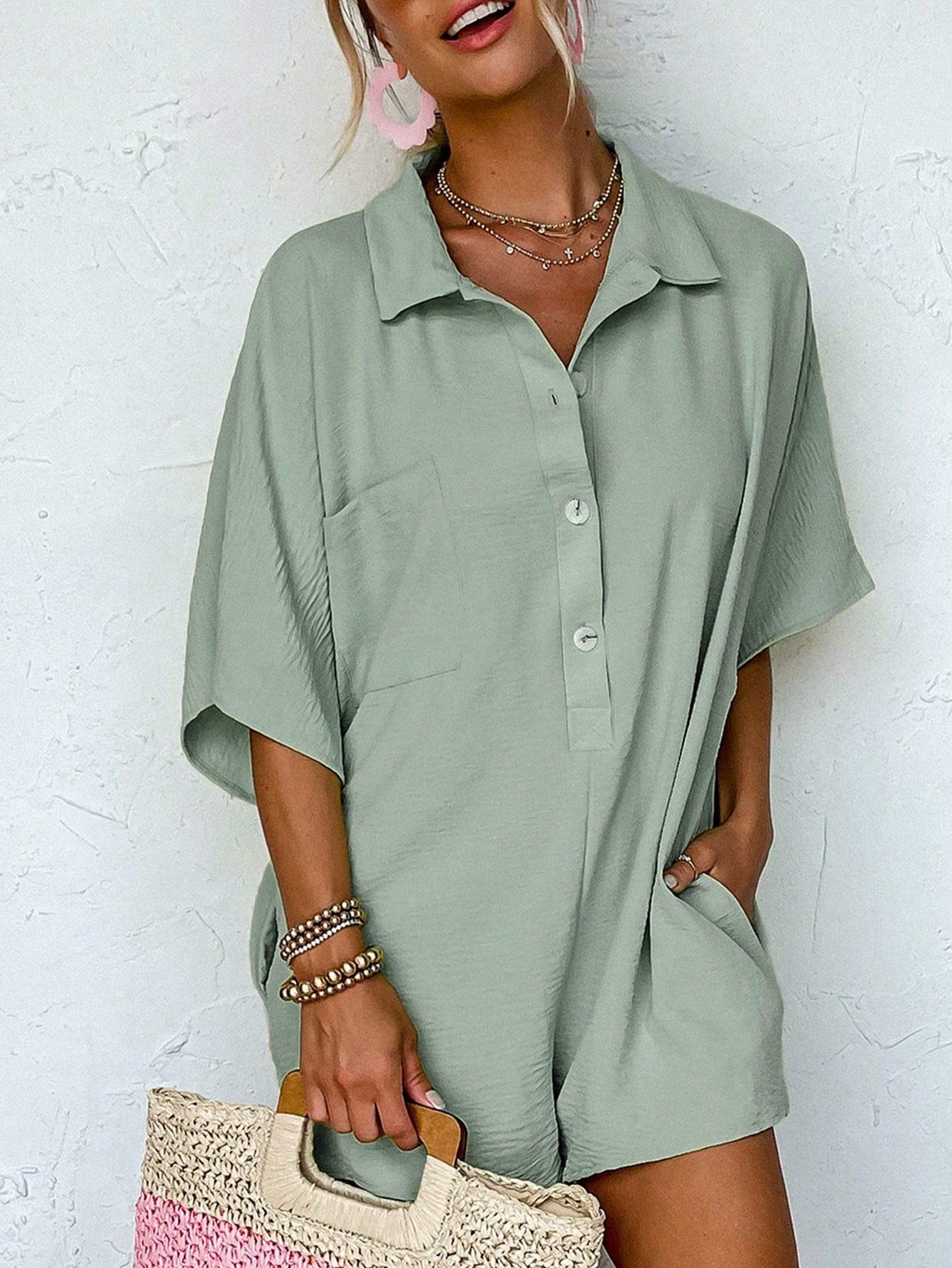 ASTYLISH WOMEN S PLAIN HALF SLEEVE BUTTON COLLARED LOOSE OVERSIZED SHORTS ROMPER WITH POCKET - Missyess