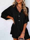 ASTYLISH WOMEN S PLAIN HALF SLEEVE BUTTON COLLARED LOOSE OVERSIZED SHORTS ROMPER WITH POCKET - Missyess