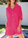 ASTYLISH WOMEN S PLAIN HALF SLEEVE BUTTON COLLARED LOOSE OVERSIZED SHORTS ROMPER WITH POCKET - Missyess