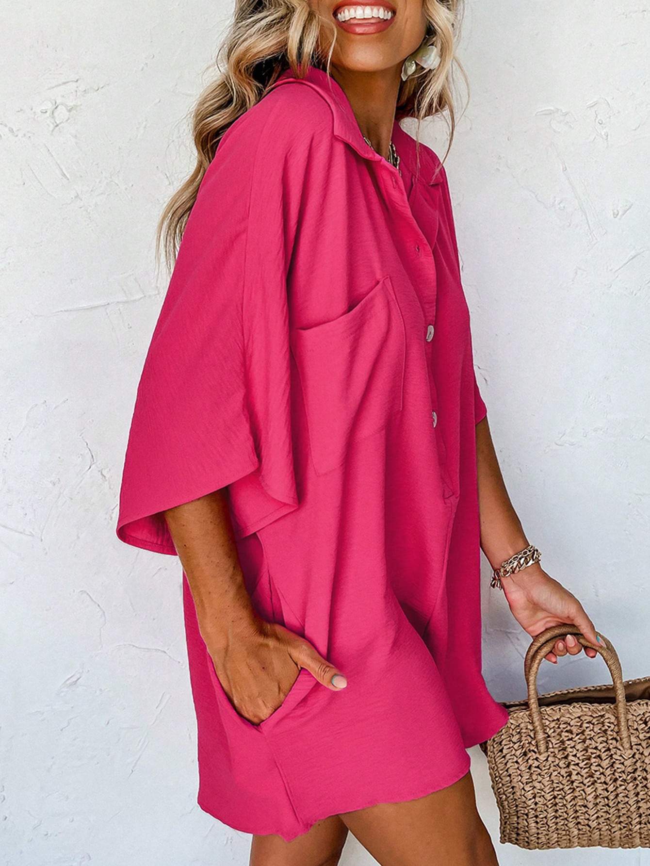 ASTYLISH WOMEN S PLAIN HALF SLEEVE BUTTON COLLARED LOOSE OVERSIZED SHORTS ROMPER WITH POCKET - Missyess
