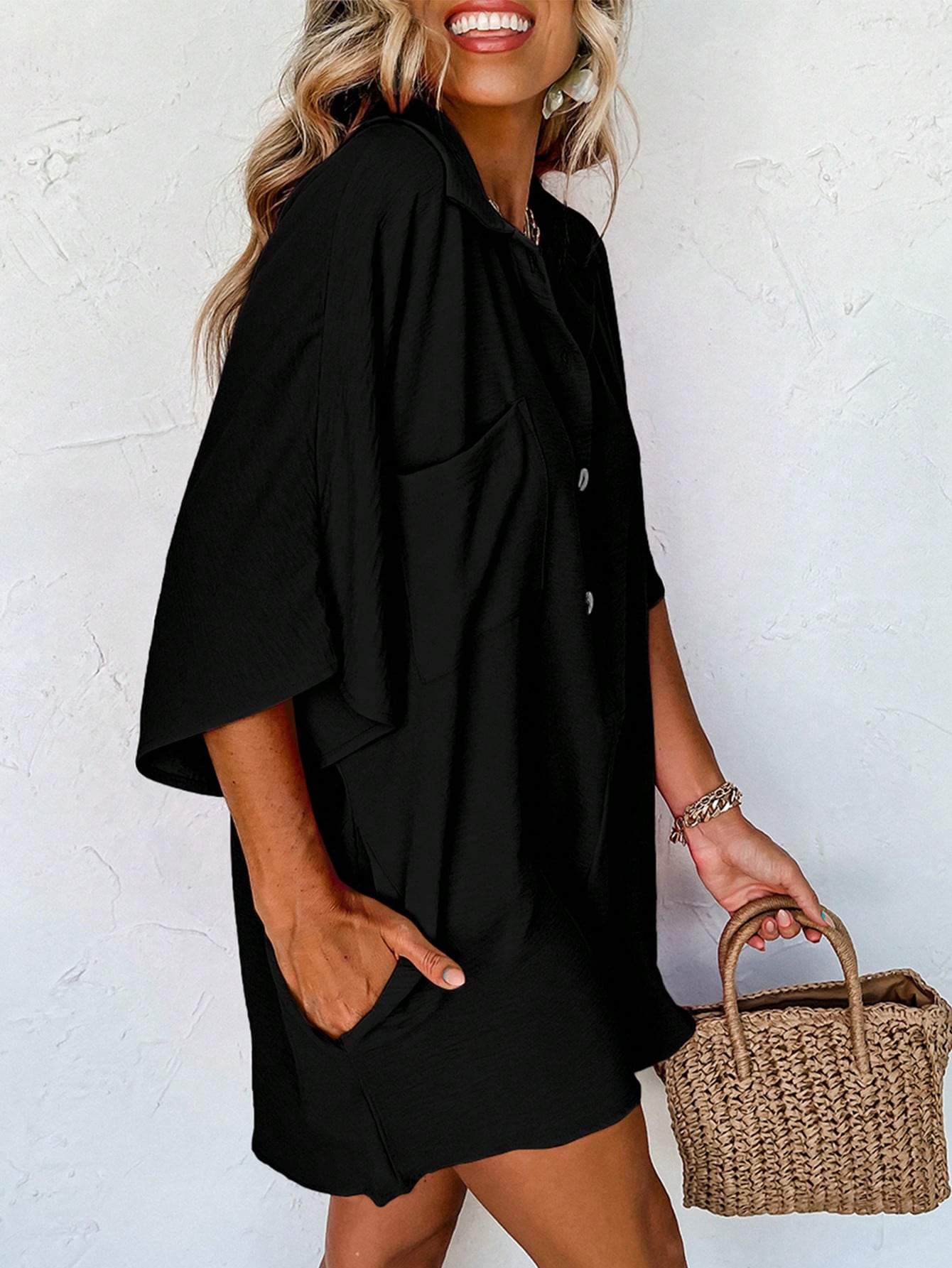 ASTYLISH WOMEN S PLAIN HALF SLEEVE BUTTON COLLARED LOOSE OVERSIZED SHORTS ROMPER WITH POCKET - Missyess