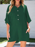 ASTYLISH WOMEN S PLAIN HALF SLEEVE BUTTON COLLARED LOOSE OVERSIZED SHORTS ROMPER WITH POCKET - Missyess