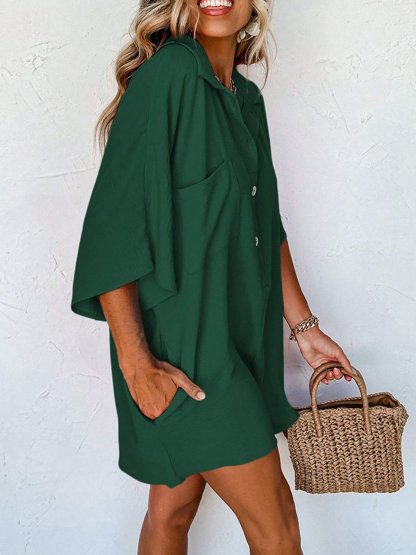 ASTYLISH WOMEN S PLAIN HALF SLEEVE BUTTON COLLARED LOOSE OVERSIZED SHORTS ROMPER WITH POCKET - Missyess