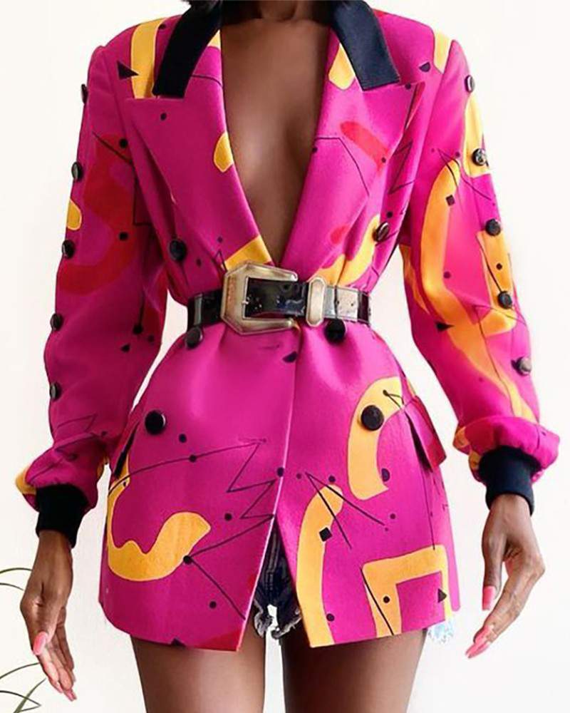Abstract Print Long Sleeve Blazer Coat - Missyess