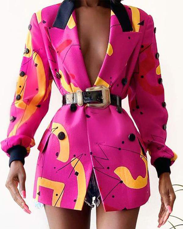 Abstract Print Long Sleeve Blazer Coat - Missyess