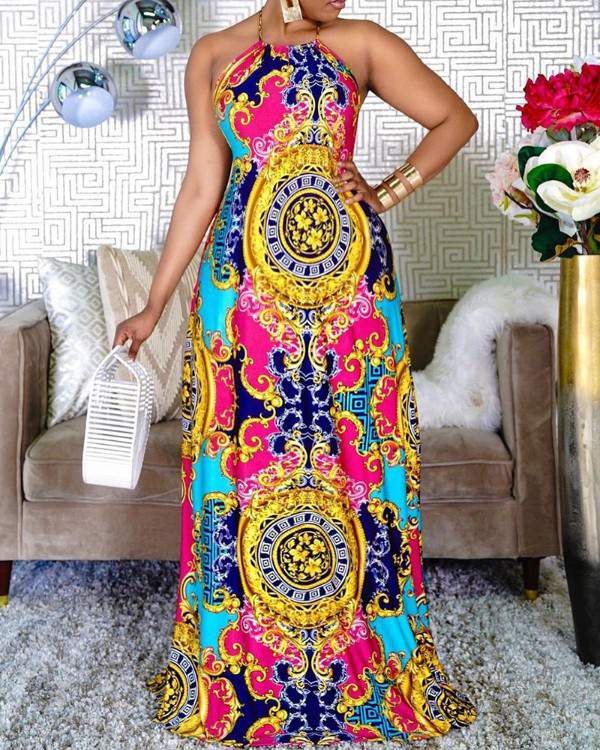All Over Print Halter Sleeveless Maxi Dress - Missyess
