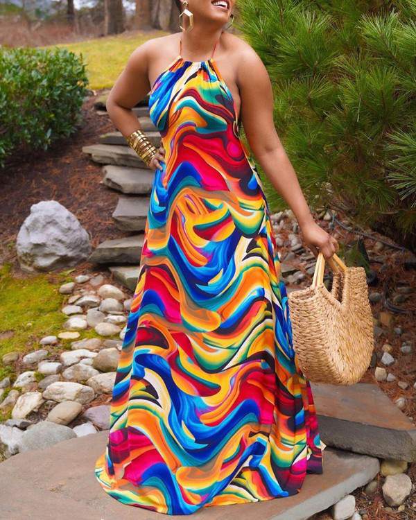 All Over Print Halter Sleeveless Maxi Dress - Missyess