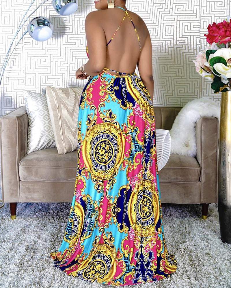 All Over Print Halter Sleeveless Maxi Dress - Missyess