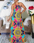 All Over Print Halter Sleeveless Maxi Dress - Missyess
