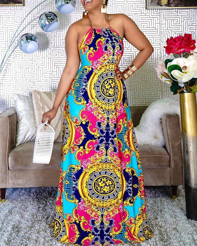 All Over Print Halter Sleeveless Maxi Dress - Missyess