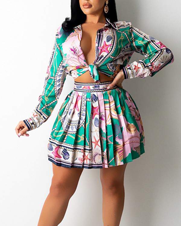 All Over Print Knot Front Crop Top Pleated Skirt Set - Missyess
