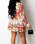 All Over Print Knot Front Crop Top Pleated Skirt Set - Missyess