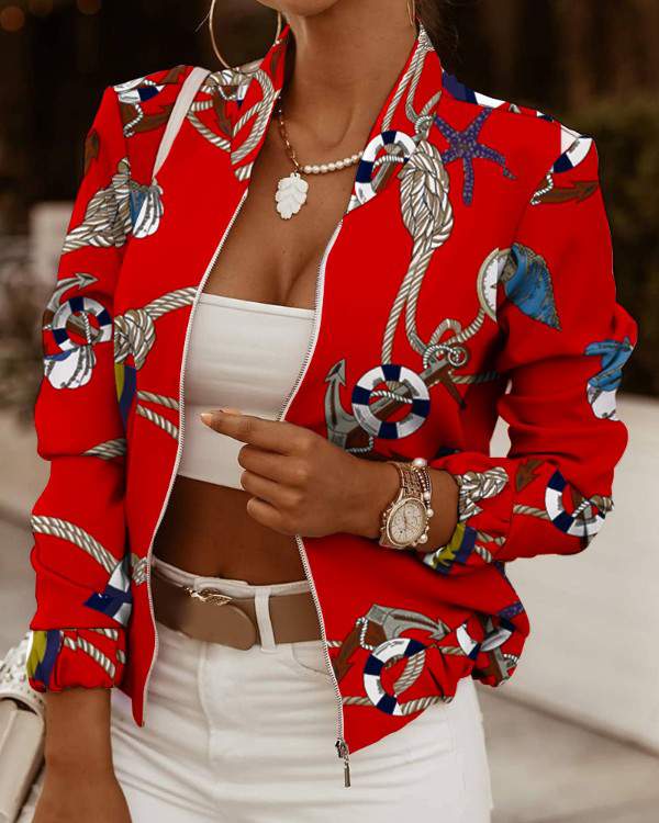 All Over Print Long Sleeve Zip Up Jacket - Missyess