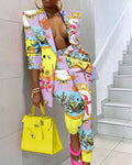 All Over Print Shawl Collar Buttoned Blazer Pants Set - Missyess