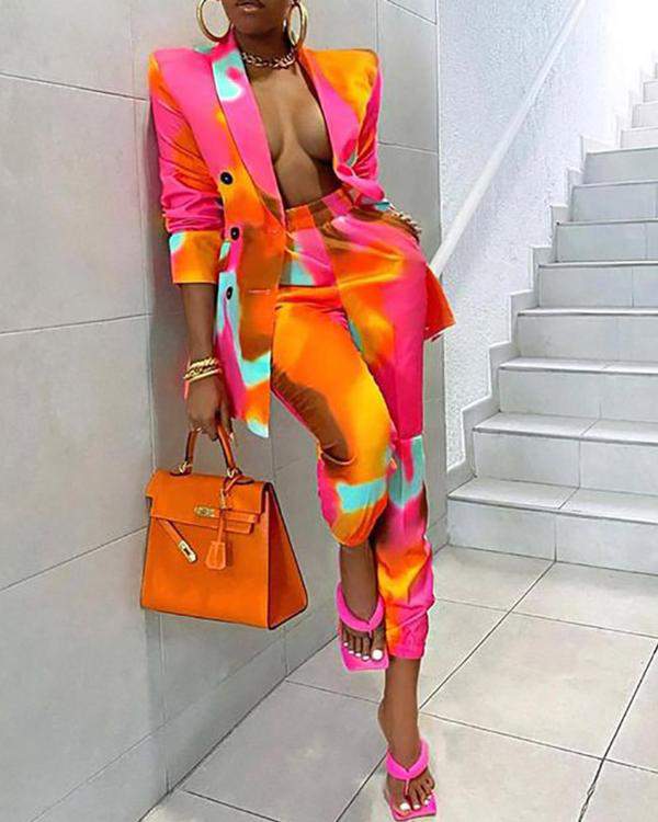 All Over Print Shawl Collar Buttoned Blazer Pants Set - Missyess