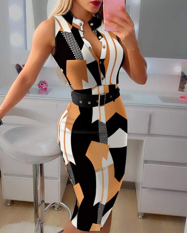 All Over Print Sleeveless Button Design Skinny Dress With Belt - Missyess