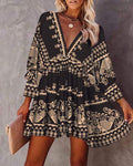 All Over Print VNeck Fold Pleated Dress - Missyess