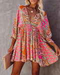 All Over Print VNeck Fold Pleated Dress - Missyess