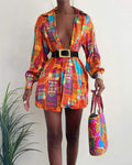 All Over Scarf Print Lantern Sleeve Shirt Dress no belt - Missyess