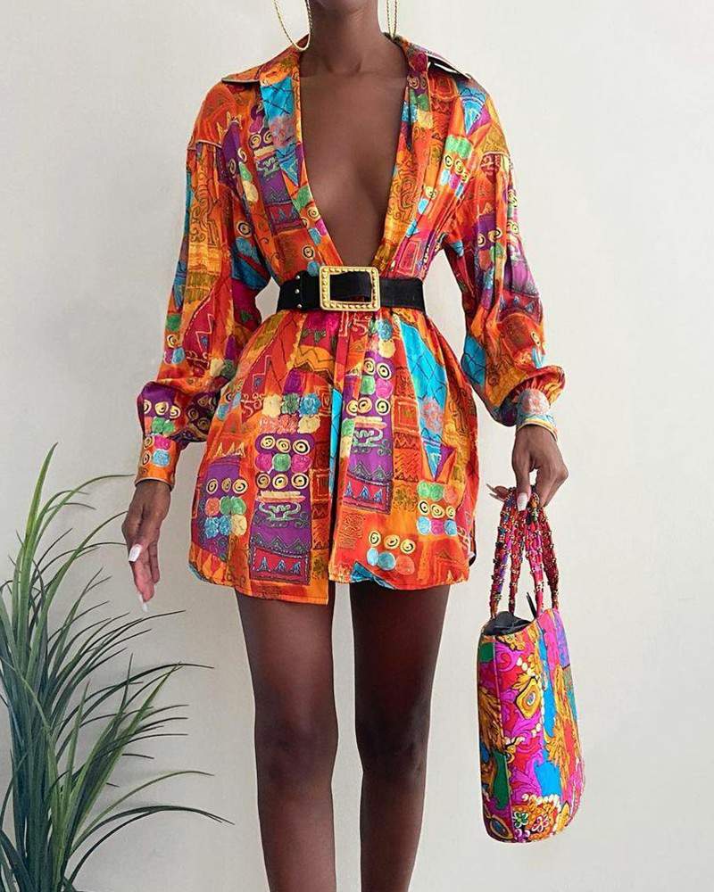 All Over Scarf Print Lantern Sleeve Shirt Dress no belt - Missyess
