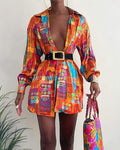 All Over Scarf Print Lantern Sleeve Shirt Dress no belt - Missyess