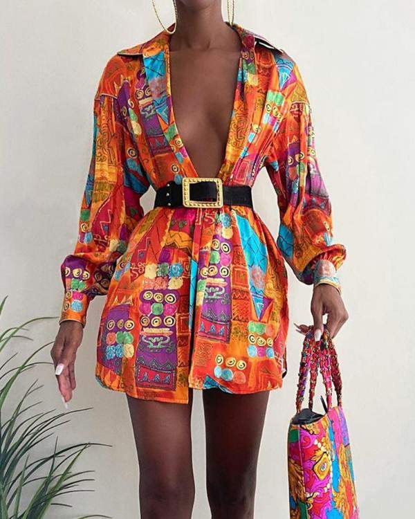 All Over Scarf Print Lantern Sleeve Shirt Dress no belt - Missyess