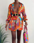 All Over Scarf Print Lantern Sleeve Shirt Dress no belt - Missyess
