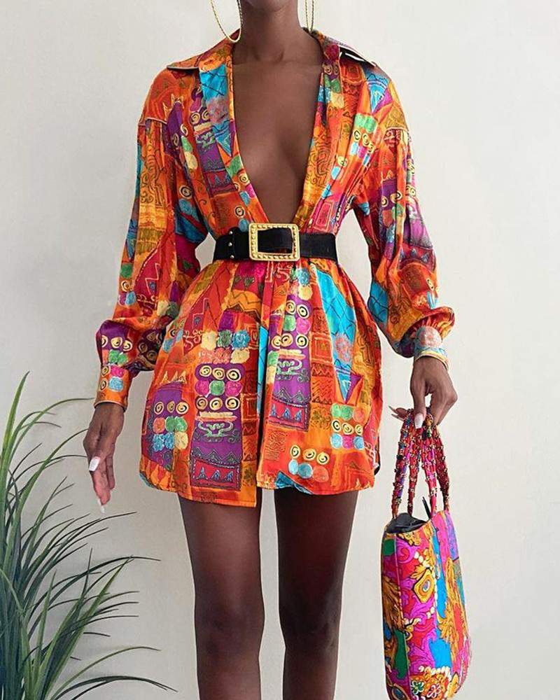 All Over Scarf Print Lantern Sleeve Shirt Dress no belt - Missyess