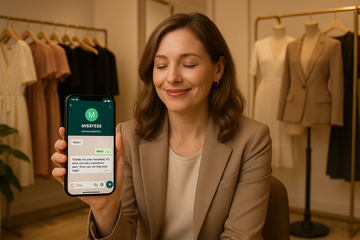 a store owner/boutique women fashion store owner/our target audience for b2b buyers as us the wholesaler "MISSYESS" / www.missyess.com" showing the store owner sending a message to our whatsapp business profile and smiling not too big but just like they have peace now because we are quick to reply as a wholesaler and are their #1 solution and they are happy they messaged us on WhatsApp 