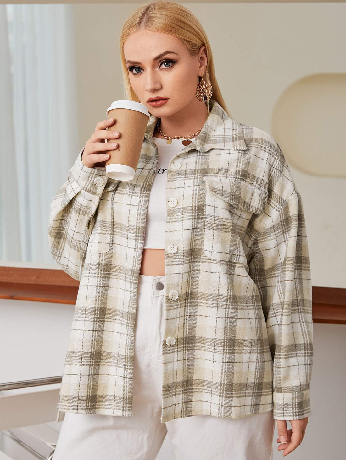 PLUS PLAID SINGLE BREASTED FLAP POCKET JACKET