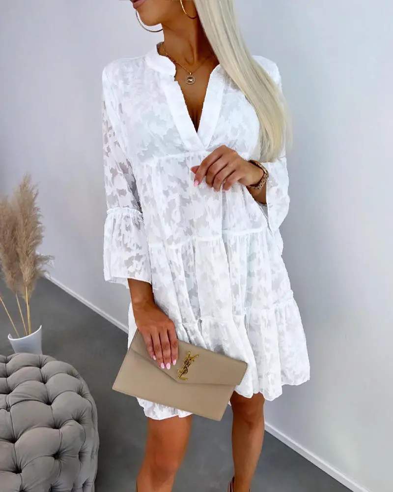 FRILL HEM RUFFLES TEXTURED SHIRT DRESS