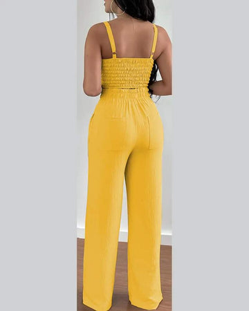 SHIRRED CROP TOP POCKET DESIGN WIDE LEG PANTS SET