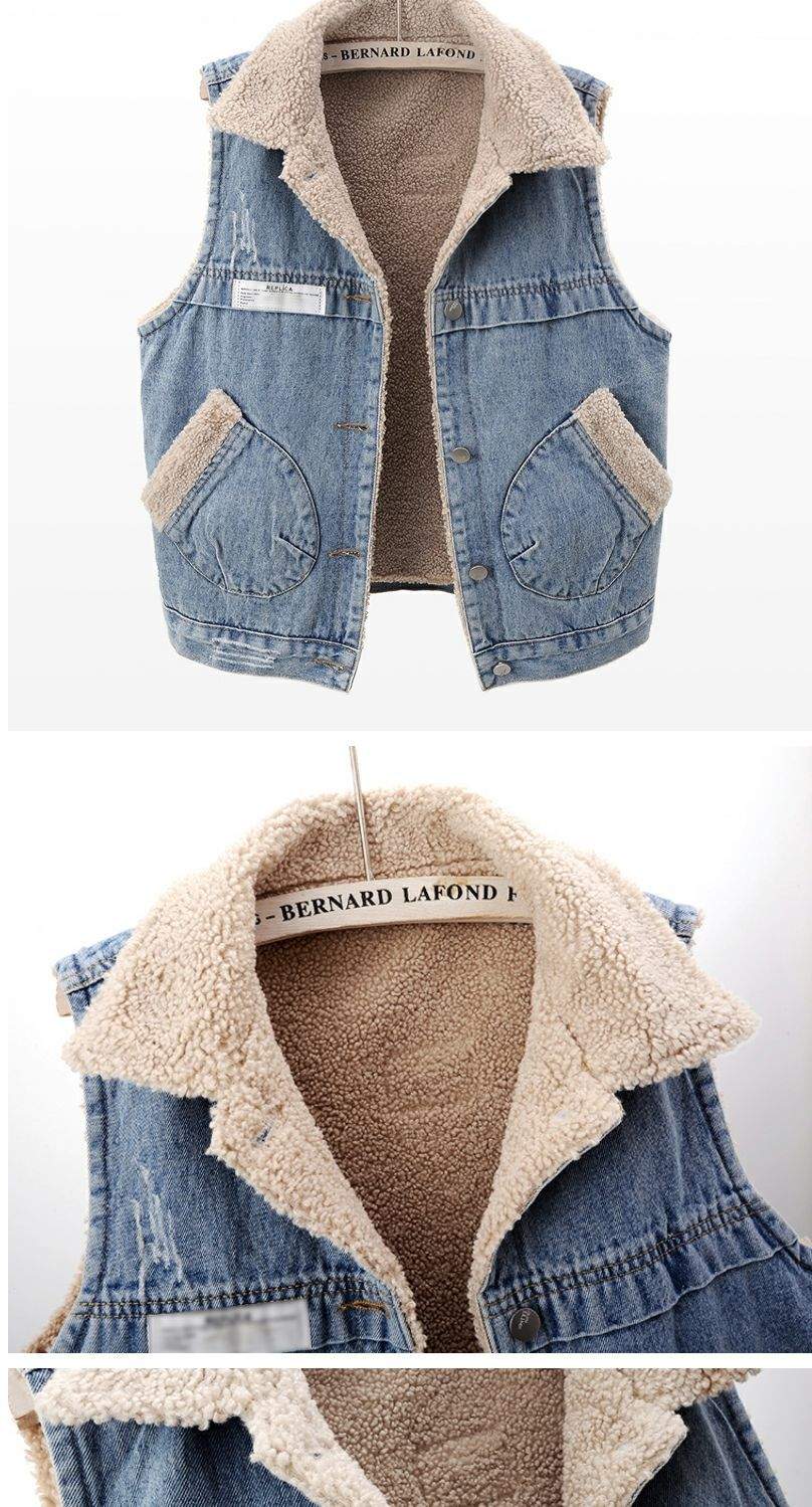 LAMB WOOL FLEECE LINED THICKENED PATCH DENIM VEST   WAISTCOAT