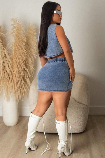 SLEEVELESS DENIM TOP AND SKIRT SET