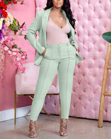 Lapel Collar Double Button Blazer Pocket Tailored Pants Set