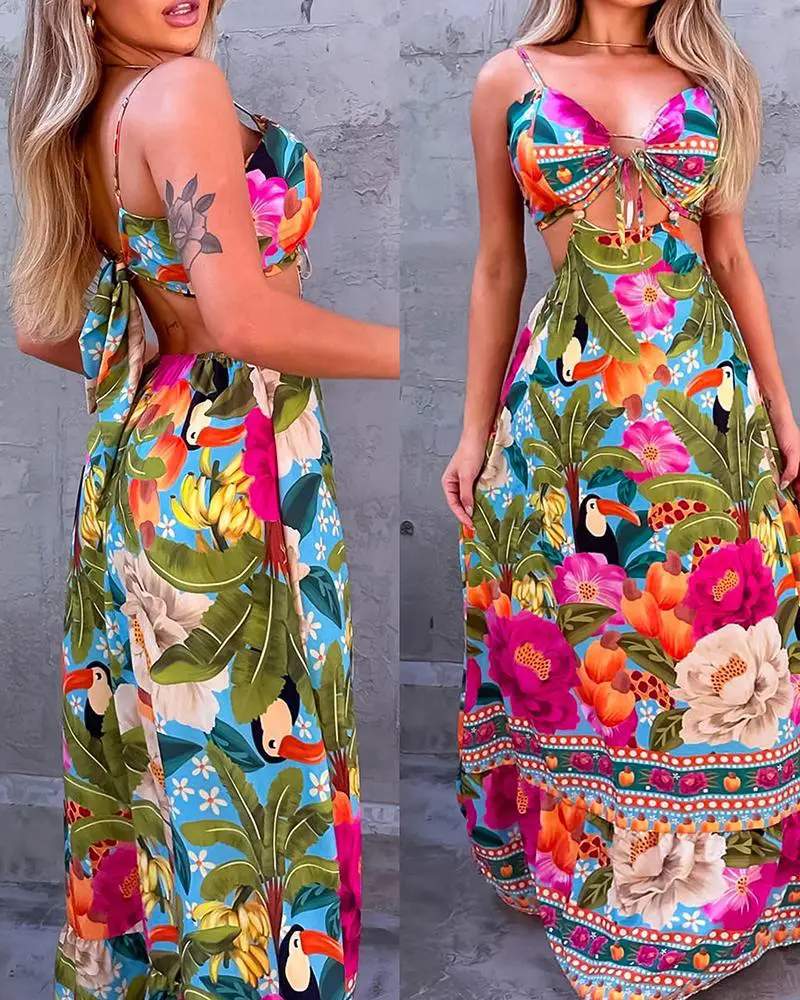 Spaghetti Strap Dress, Vibrant Floral Maxi Gown