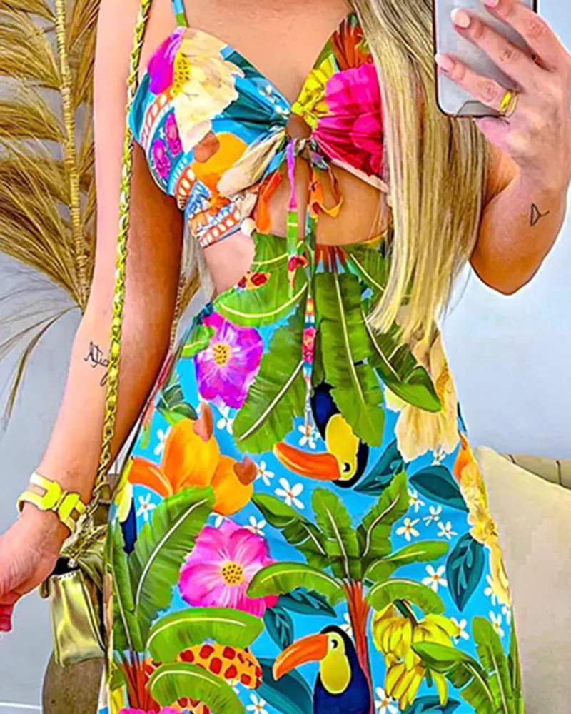 Spaghetti Strap Dress, Vibrant Floral Maxi Gown