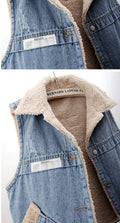 LAMB WOOL FLEECE LINED THICKENED PATCH DENIM VEST   WAISTCOAT
